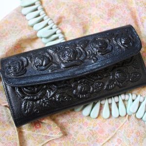 Rose Embossed Black Leather Wallet